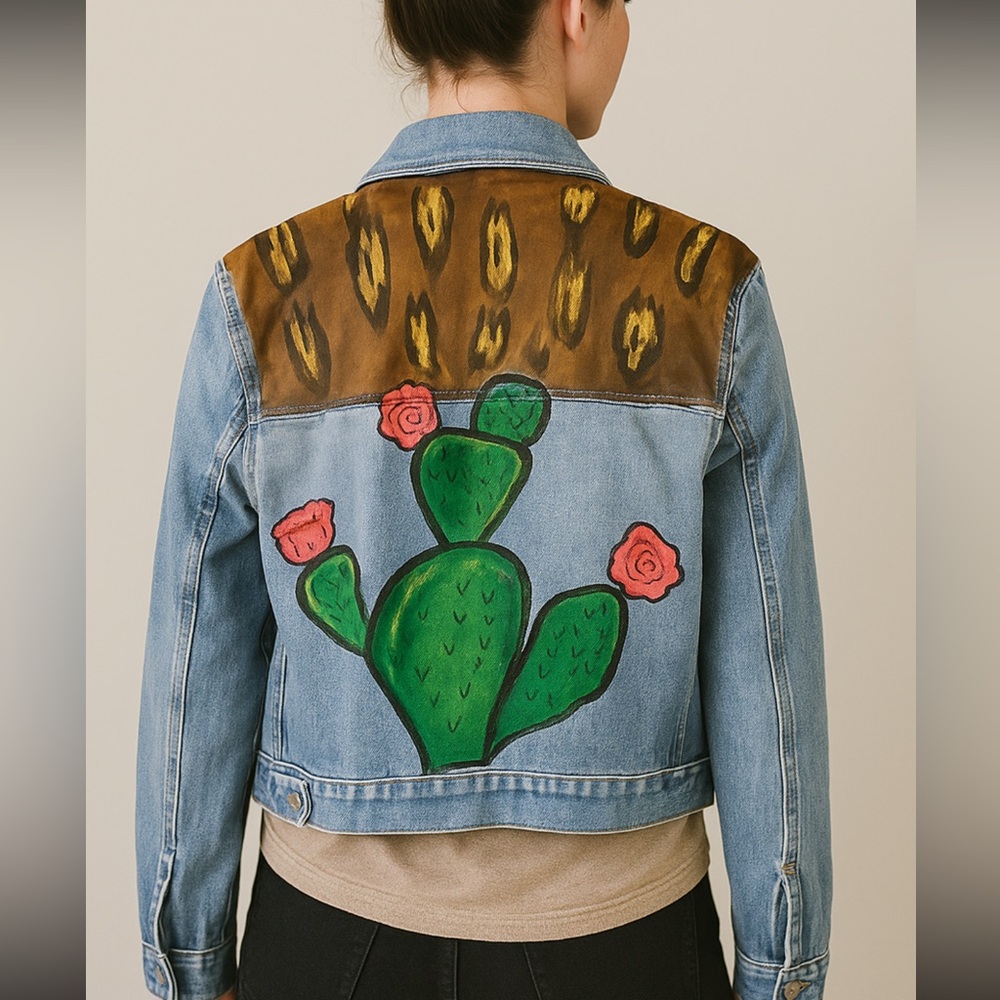Hand-Painted Cactus Denim Jacket | Baccini Medium M | Leopard | One of a Kind - Picture 8 of 8